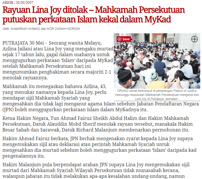"Lina Joy's appeal rejected- Federal Court decided that Islam sticks on MyKad"